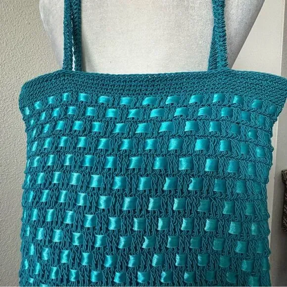 Handbag Shoulder Bag Turquoise Blue Braided Ribbon Weave - Picture 3 of 10